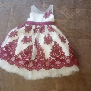 Elegant White and Burgundy Lace Dress